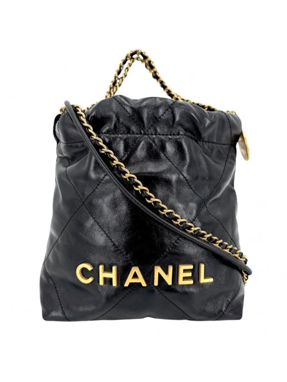 Chanel 2-Way 22 Chain Mini Shoulder Bag Crossbody Leather Black Gold